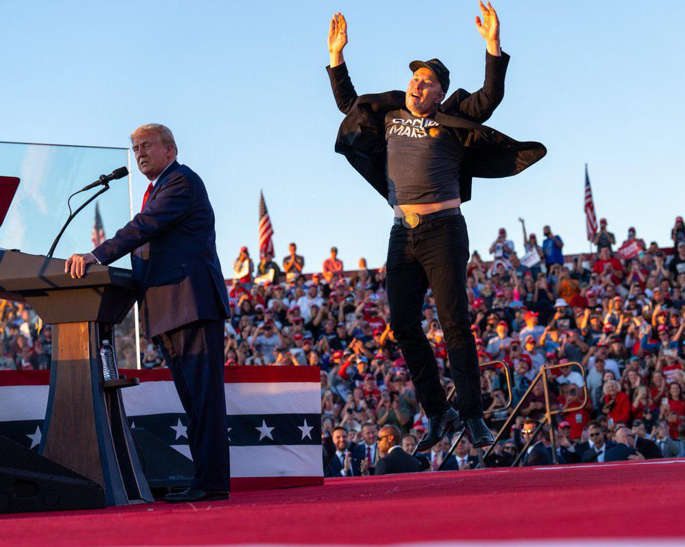 Musk Jumping behind Trump Blank Meme Template