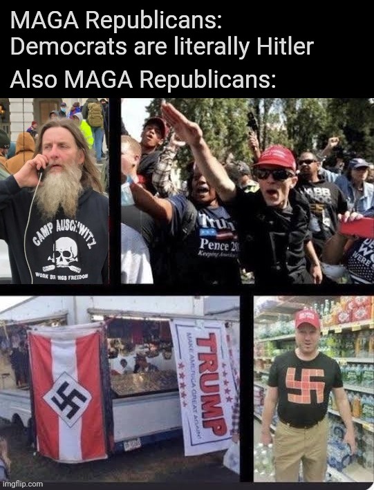 "DeMoCrats aRe LiTerAlly HitLeR!!!!!" | MAGA Republicans:
Democrats are literally Hitler; Also MAGA Republicans: | image tagged in magats,neo nazis,maga brownshirts,blight dumbpremacists,trailer park trash,conservative hypocrisy | made w/ Imgflip meme maker