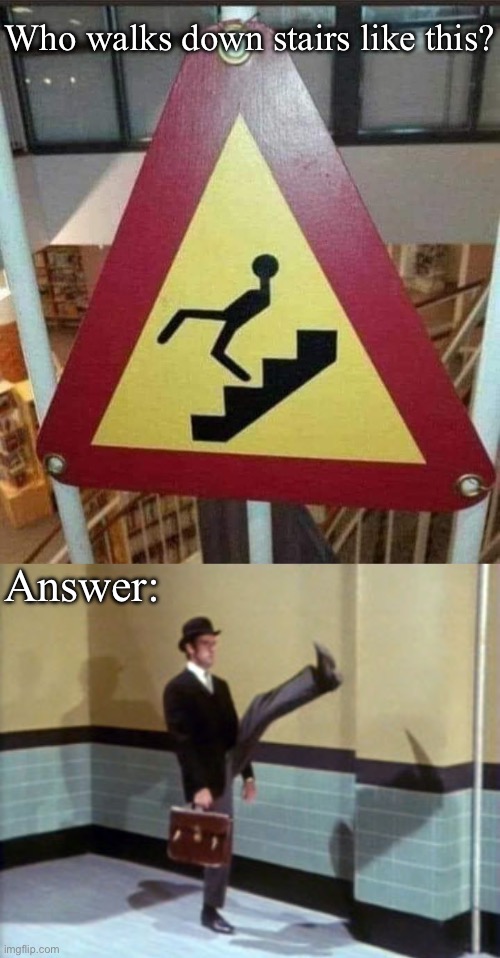 Silly Walk | Who walks down stairs like this? Answer: | image tagged in ministry of silly walks,stairs,walking | made w/ Imgflip meme maker