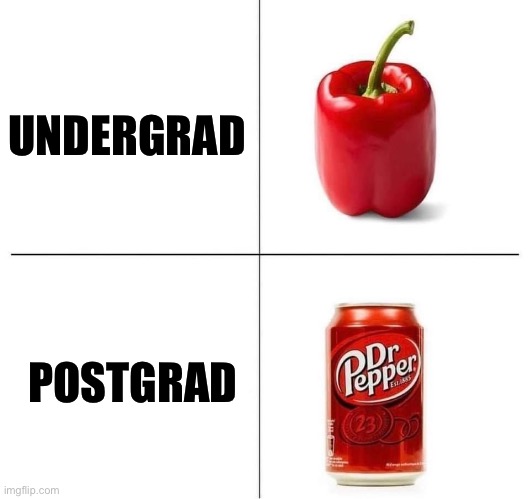 Undergraduate vs Postgraduate | UNDERGRAD; POSTGRAD | image tagged in undergraduate,postgraduate,doctor,pepper,dr pepper | made w/ Imgflip meme maker