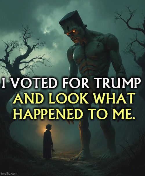 I VOTED FOR TRUMP; AND LOOK WHAT HAPPENED TO ME. | image tagged in trump,frankenstein,vote | made w/ Imgflip meme maker