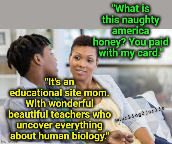 He ain't lying. | "What is this naughty america honey? You paid with my card."; "It's an educational site mom. With wonderful beautiful teachers who uncover everything about human biology."; @darking2jarlie | image tagged in memes,funny memes,dark humor,education | made w/ Imgflip meme maker