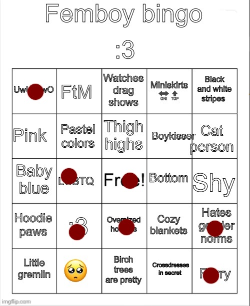 Femboy bingo | image tagged in femboy bingo | made w/ Imgflip meme maker