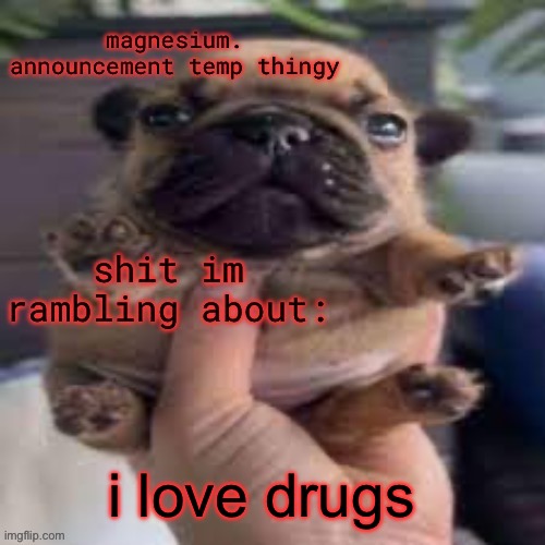 the clouds do be feeling good | i love drugs | image tagged in pug temp | made w/ Imgflip meme maker
