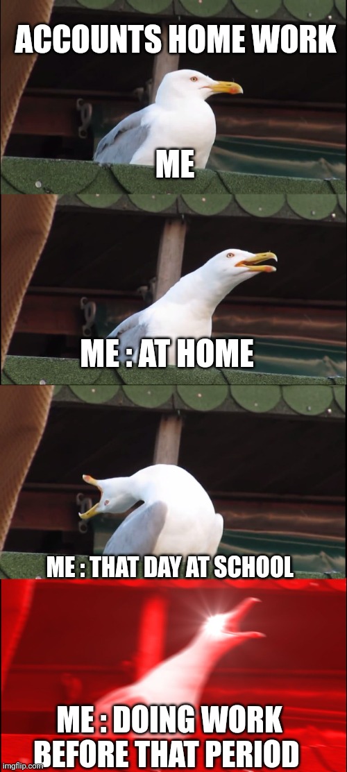 Homework | ACCOUNTS HOME WORK; ME; ME : AT HOME; ME : THAT DAY AT SCHOOL; ME : DOING WORK BEFORE THAT PERIOD | image tagged in memes,inhaling seagull | made w/ Imgflip meme maker