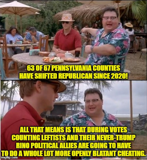 Leftists may suck at campaigning but they are a well-oiled machine at cheating. | 63 OF 67 PENNSYLVANIA COUNTIES HAVE SHIFTED REPUBLICAN SINCE 2020! ALL THAT MEANS IS THAT DURING VOTES COUNTING LEFTISTS AND THEIR NEVER-TRUMP RINO POLITICAL ALLIES ARE GOING TO HAVE TO DO A WHOLE LOT MORE OPENLY BLATANT CHEATING. | image tagged in yep | made w/ Imgflip meme maker