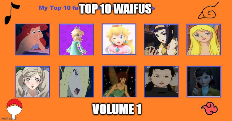 top 10 waifus volume 1 | TOP 10 WAIFUS; VOLUME 1 | image tagged in top 10 favorite naruto characters,top 10 waifus,videogames,movies,animation,the little mermaid | made w/ Imgflip meme maker