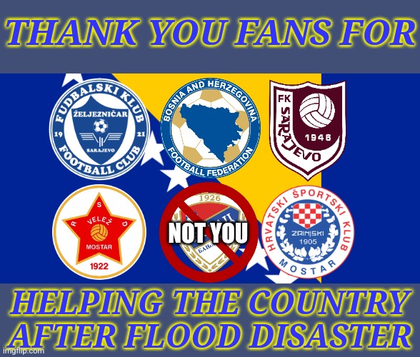 Bosnia NT, Zeljo, Sarajevo, Velez & Zrinjski fans are real fans and have heart for BiH, Borac fans are just Serbian traitors | THANK YOU FANS FOR; NOT YOU; HELPING THE COUNTRY AFTER FLOOD DISASTER | image tagged in bosnia,zeljeznicar,sarajevo,respect,soccer,sports | made w/ Imgflip meme maker