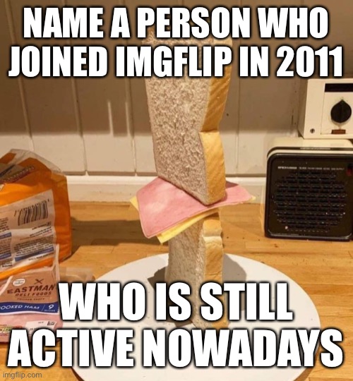 Standwich | NAME A PERSON WHO JOINED IMGFLIP IN 2011; WHO IS STILL ACTIVE NOWADAYS | image tagged in standwich | made w/ Imgflip meme maker