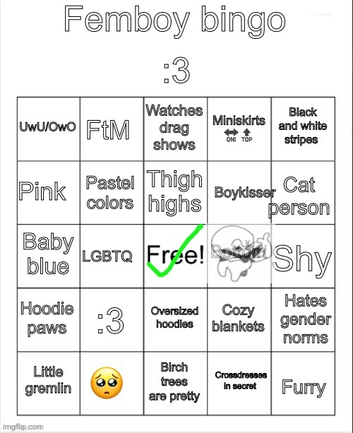 Femboy bingo | image tagged in femboy bingo | made w/ Imgflip meme maker