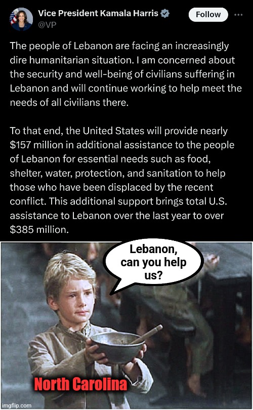 North Carolina, still in need | Lebanon,
can you help
us? North Carolina | image tagged in begging boy,memes,kamala harris,hurricane,helene,disaster | made w/ Imgflip meme maker