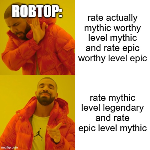 Drake Hotline Bling | rate actually mythic worthy level mythic and rate epic worthy level epic; ROBTOP:; rate mythic level legendary and rate epic level mythic | image tagged in memes,drake hotline bling,geometry dash | made w/ Imgflip meme maker