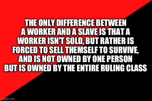 We are all slaves to the ruling class | THE ONLY DIFFERENCE BETWEEN A WORKER AND A SLAVE IS THAT A WORKER ISN'T SOLD, BUT RATHER IS FORCED TO SELL THEMSELF TO SURVIVE, AND IS NOT OWNED BY ONE PERSON BUT IS OWNED BY THE ENTIRE RULING CLASS | image tagged in ancom flag,communism,anarchism | made w/ Imgflip meme maker