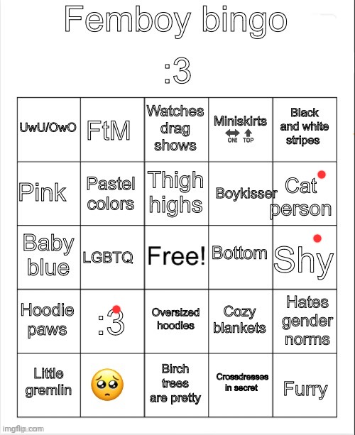 Nahhh I like cats and am shy, I must be a femboy! | image tagged in femboy bingo | made w/ Imgflip meme maker