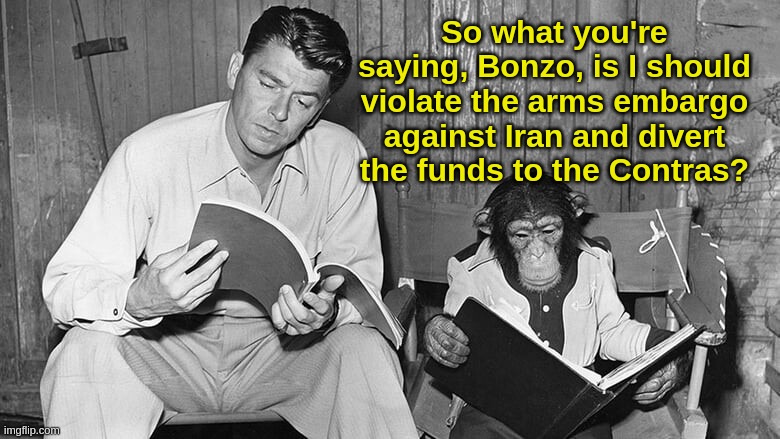 Bedtime for Ronnie | So what you're saying, Bonzo, is I should violate the arms embargo against Iran and divert the funds to the Contras? | image tagged in ronald reagan | made w/ Imgflip meme maker