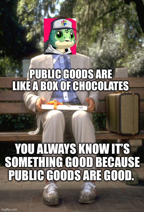 Nurdle Gump | PUBLIC GOODS ARE LIKE A BOX OF CHOCOLATES; YOU ALWAYS KNOW IT’S SOMETHING GOOD BECAUSE PUBLIC GOODS ARE GOOD. | image tagged in forest gump | made w/ Imgflip meme maker