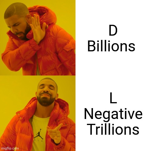 L negative Trillions is a better name because D billions sucks. | D Billions; L Negative Trillions | image tagged in memes,drake hotline bling | made w/ Imgflip meme maker