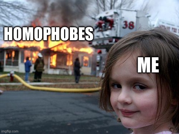 :) | HOMOPHOBES; ME | image tagged in memes,disaster girl,lgbtq | made w/ Imgflip meme maker