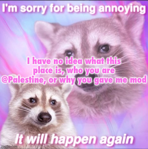 sorry for being annoying | I have no idea what this place is, who you are @Palestine, or why you gave me mod | image tagged in sorry for being annoying | made w/ Imgflip meme maker