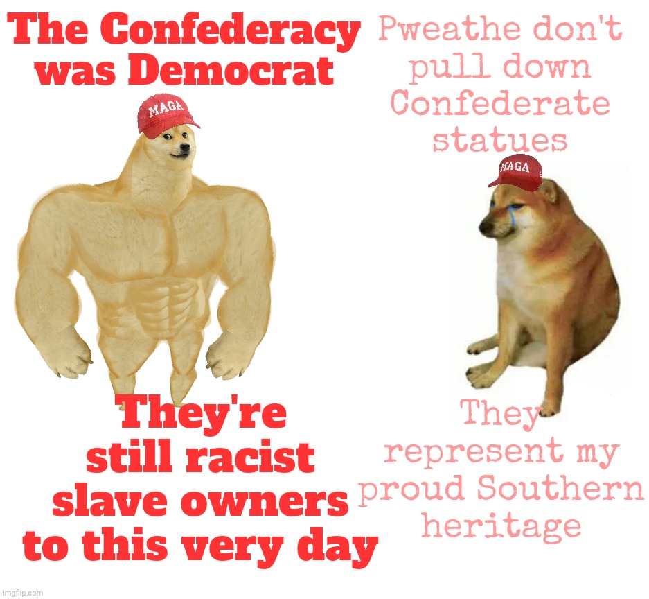 MAGAt GOPers say the Confederacy was all Democrats despite it having no parties but Confederate statues are Southern heritage | Pweathe don't
pull down
Confederate
statues; The Confederacy was Democrat; They
represent my
proud Southern
heritage; They're
still racist
slave owners
to this very day | image tagged in memes,buff doge vs cheems,confederacy,confederate statues,southern heritage,conservative hypocrisy | made w/ Imgflip meme maker