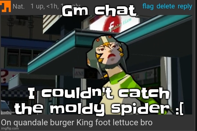 Damn. | Gm chat; I couldn't catch the moldy spider :[ | image tagged in on quandale burger king foot lettuce bro | made w/ Imgflip meme maker