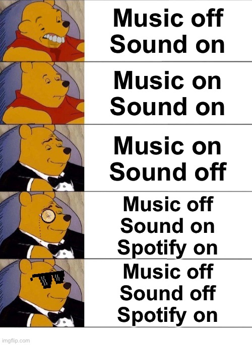 Which one are you | Music off
Sound on; Music on
Sound on; Music on
Sound off; Music off
Sound on
Spotify on; Music off
Sound off
Spotify on | image tagged in winnie the pooh v 20 | made w/ Imgflip meme maker