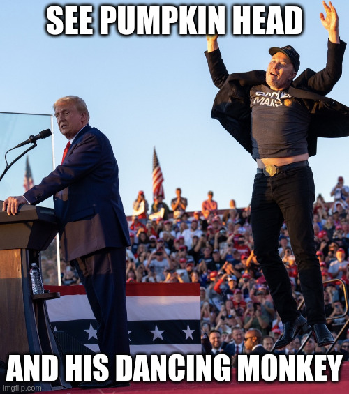 come to a GOP rally | SEE PUMPKIN HEAD; AND HIS DANCING MONKEY | image tagged in trump and jumping elon,election2024 | made w/ Imgflip meme maker