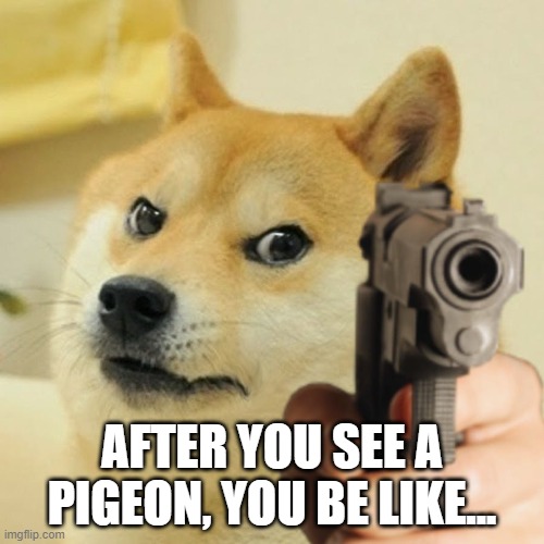 doge meme | AFTER YOU SEE A PIGEON, YOU BE LIKE... | image tagged in doge holding a gun | made w/ Imgflip meme maker