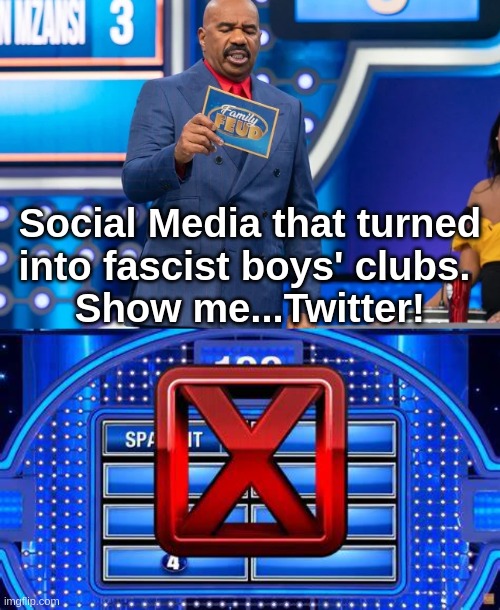 Twitter | Social Media that turned 
into fascist boys' clubs.  
Show me...Twitter! | image tagged in twitter | made w/ Imgflip meme maker