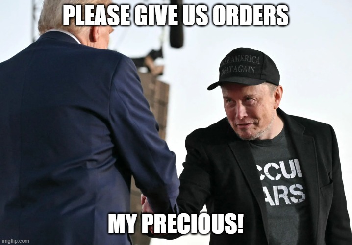 Submissive Musk Face | PLEASE GIVE US ORDERS; MY PRECIOUS! | image tagged in elon musk,donald trump,gollum,renfield | made w/ Imgflip meme maker