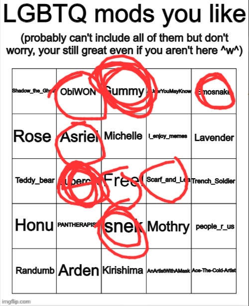 I thought emosnake was snek | image tagged in lgbtq mods you like bingo | made w/ Imgflip meme maker