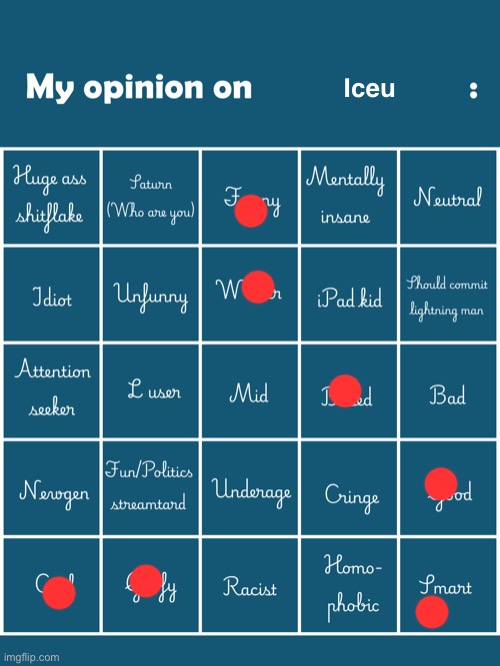 My opinion on [user] bingo (Fries/Gelatin's version) | Iceu | image tagged in my opinion on user bingo fries/gelatin's version | made w/ Imgflip meme maker