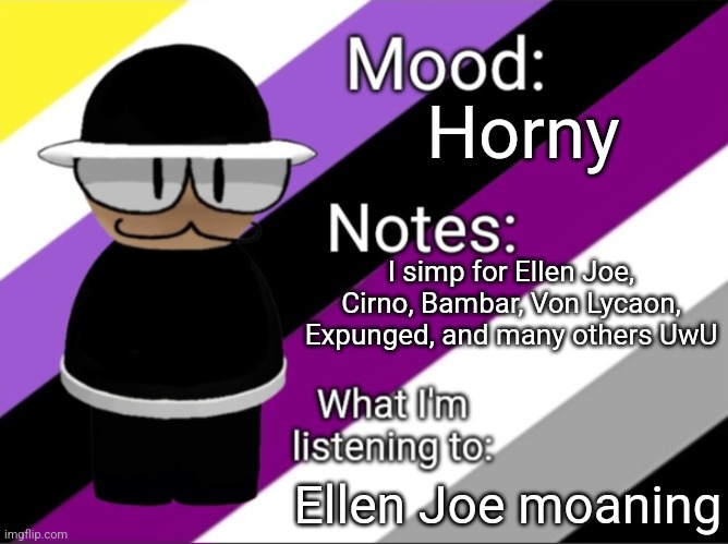 Horny; I simp for Ellen Joe, Cirno, Bambar, Von Lycaon, Expunged, and many others UwU; Ellen Joe moaning | image tagged in shadow_benoitx's lgbtq announcement temp | made w/ Imgflip meme maker