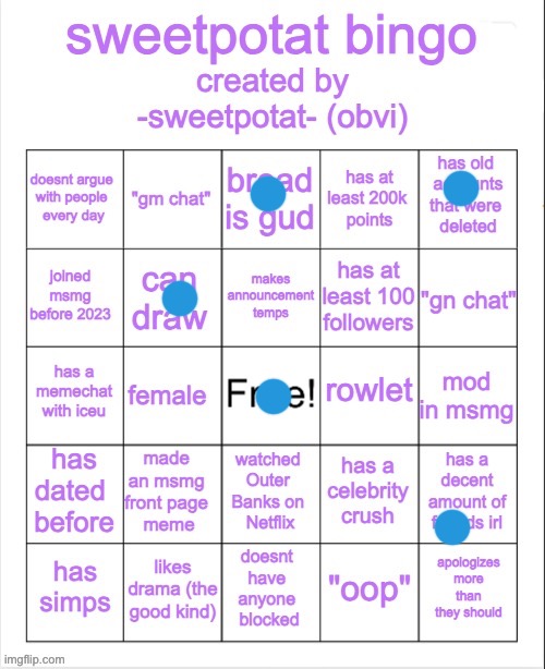 sweetpotat bingo! | image tagged in sweetpotat bingo | made w/ Imgflip meme maker