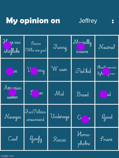 My opinion on [user] bingo (Fries/Gelatin's version) | Jeffrey | image tagged in my opinion on user bingo fries/gelatin's version | made w/ Imgflip meme maker