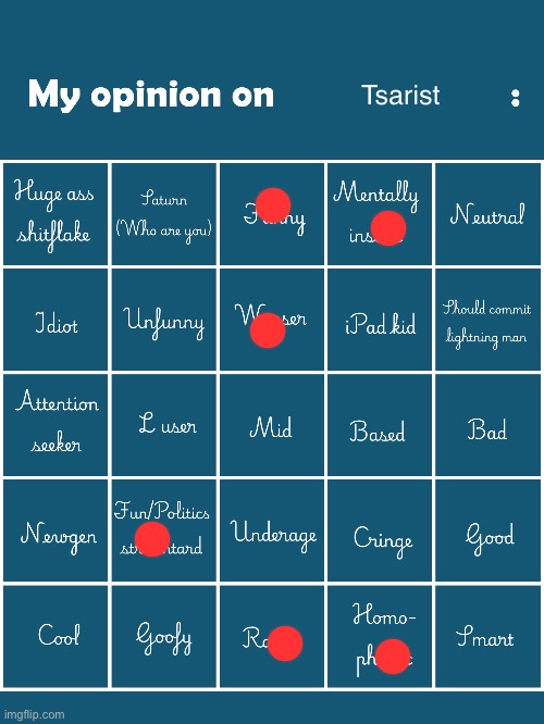 My opinion on [user] bingo (Fries/Gelatin's version) | Tsarist | image tagged in my opinion on user bingo fries/gelatin's version | made w/ Imgflip meme maker