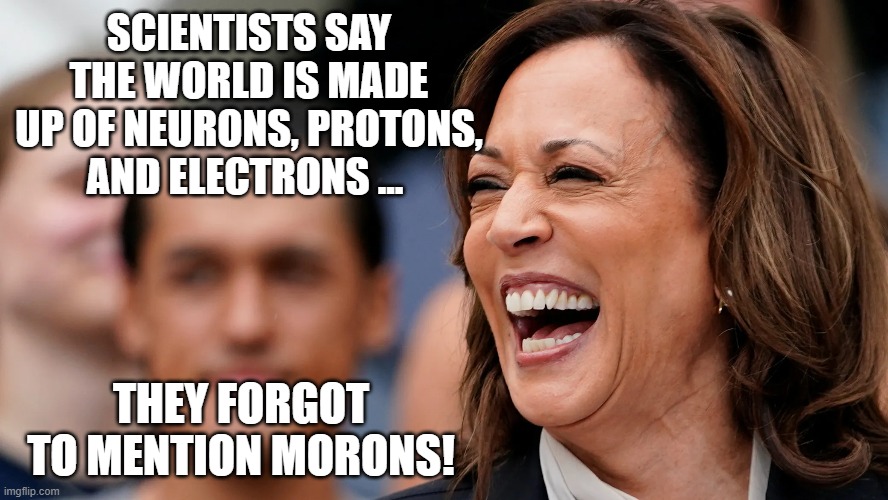 Kamala idiot | SCIENTISTS SAY THE WORLD IS MADE UP OF NEURONS, PROTONS, AND ELECTRONS ... THEY FORGOT TO MENTION MORONS! | made w/ Imgflip meme maker