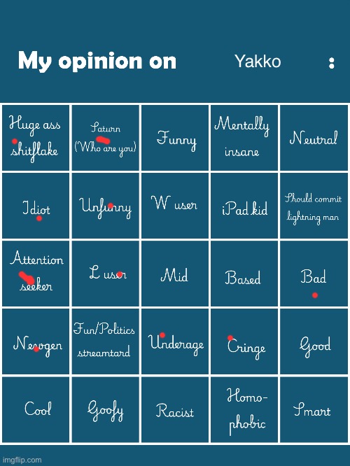 My opinion on [user] bingo (Fries/Gelatin's version) | Yakko | image tagged in my opinion on user bingo fries/gelatin's version | made w/ Imgflip meme maker