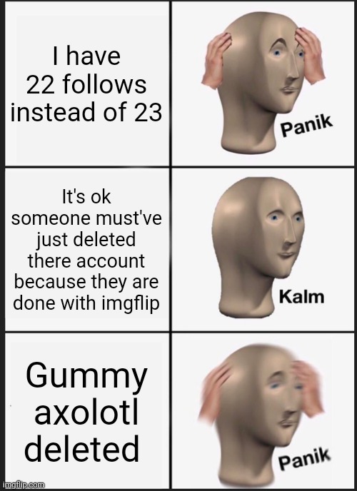 I will miss them | I have 22 follows instead of 23; It's ok someone must've just deleted there account because they are done with imgflip; Gummy axolotl deleted | made w/ Imgflip meme maker