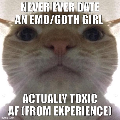 Staring Cat/Gusic | NEVER EVER DATE AN EMO/GOTH GIRL; ACTUALLY TOXIC AF (FROM EXPERIENCE) | image tagged in staring cat/gusic | made w/ Imgflip meme maker