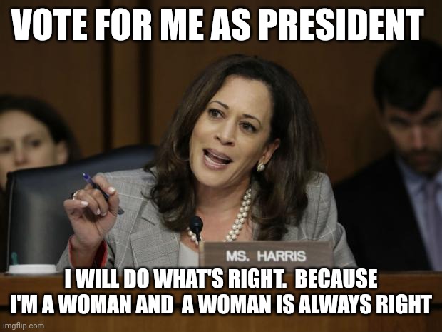 Vote | VOTE FOR ME AS PRESIDENT; I WILL DO WHAT'S RIGHT.  BECAUSE I'M A WOMAN AND  A WOMAN IS ALWAYS RIGHT | image tagged in kamala harris,funny memes | made w/ Imgflip meme maker