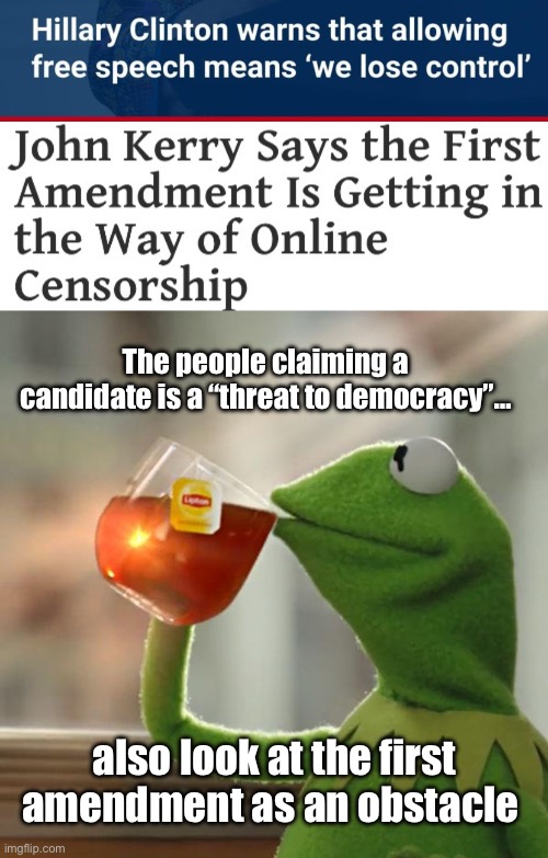 Progressives hate freedom? | The people claiming a candidate is a “threat to democracy”…; also look at the first amendment as an obstacle | image tagged in memes,but that's none of my business,politics lol,government corruption,hypocrisy,marxism | made w/ Imgflip meme maker