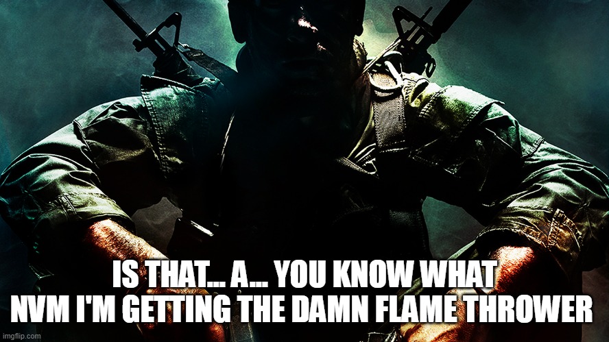 Black ops guy | IS THAT... A... YOU KNOW WHAT NVM I'M GETTING THE DAMN FLAME THROWER | image tagged in black ops guy | made w/ Imgflip meme maker