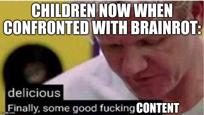 Attention kids that watch this brainrot slop! You should KILL YOURSELF! | CHILDREN NOW WHEN CONFRONTED WITH BRAINROT:; CONTENT | image tagged in gordon ramsay some good food | made w/ Imgflip meme maker