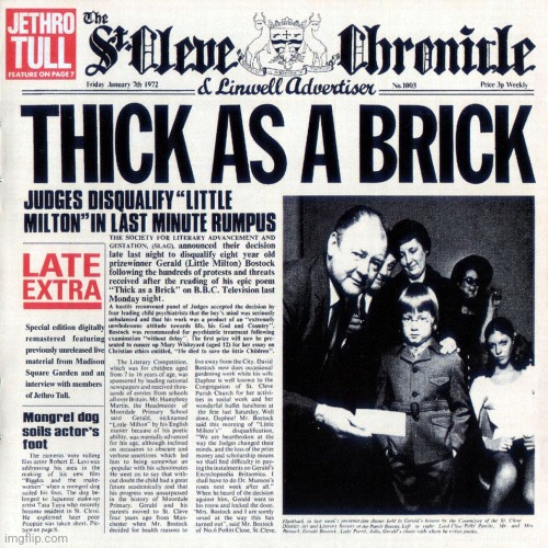 Thick as a Brick by Jethro Tull. Mother of all concept albums | image tagged in thick as a brick,jethro tull,prog rock,1972 | made w/ Imgflip meme maker