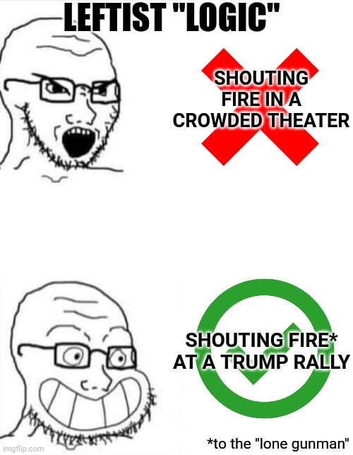 angry happy | LEFTIST "LOGIC" SHOUTING FIRE* AT A TRUMP RALLY SHOUTING FIRE IN A CROWDED THEATER *to the "lone gunman" | image tagged in angry happy | made w/ Imgflip meme maker