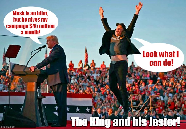 The King and his Jester! | Musk is an idiot,
but he gives my
campaign $45 million
a month! Look what I 
can do! The King and his Jester! | image tagged in donald trump,elon musk,mad tv stuart,jester clown man | made w/ Imgflip meme maker