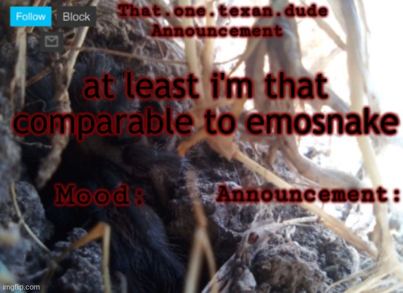THE that.one.texan.dude announcement template | at least i'm that comparable to emosnake | image tagged in the that one texan dude announcement template | made w/ Imgflip meme maker