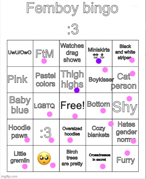 Pink = yeah, ourbl = want | image tagged in femboy bingo | made w/ Imgflip meme maker