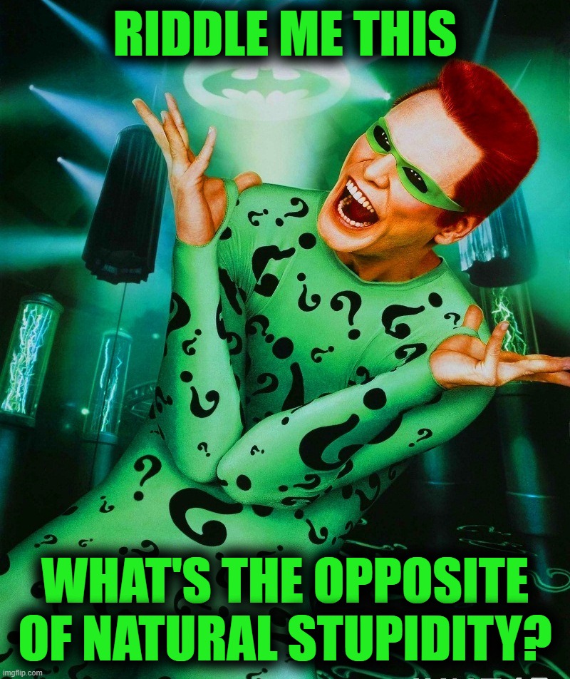 Jim Carrey Riddler | RIDDLE ME THIS; WHAT'S THE OPPOSITE OF NATURAL STUPIDITY? | image tagged in jim carrey riddler | made w/ Imgflip meme maker